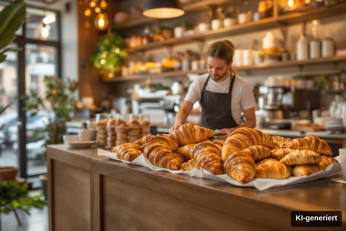 Café-Theke mit frischen Croissants, Symbolbild (KI-generiert) mit Kennzeichnungs-Schild