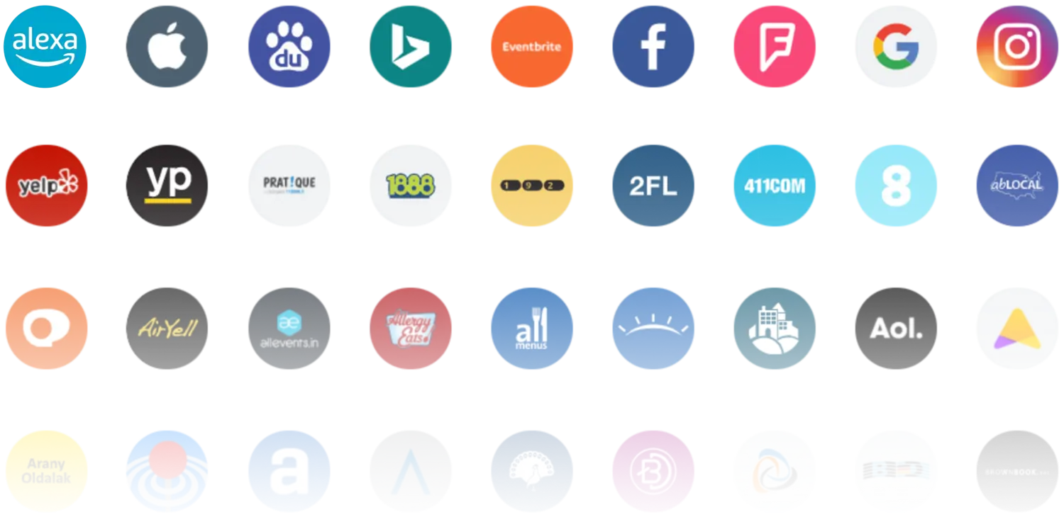 Local-SEO-Listing-Management: konsistente Firmendaten in 60+ Verzeichnissen wie Google, Apple, Bing, Yelp, Facebook und Foursquare