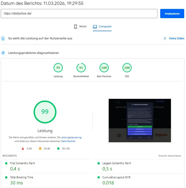 Google-PageSpeed-Werte der doitactive.de: 99 Performance-Score