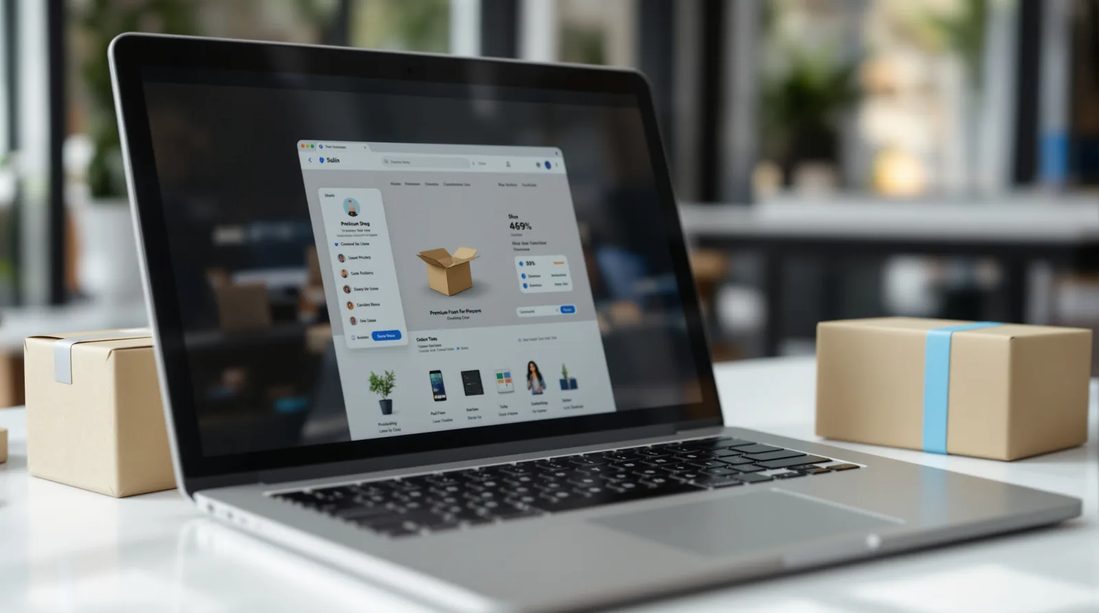 Online-Shop erstellen lassen: Shop auf Laptop und Smartphone mit Paketen
