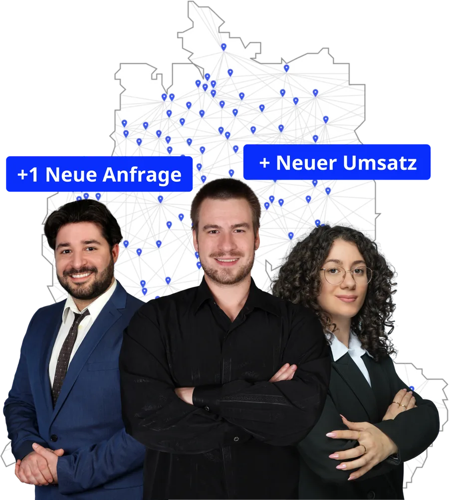 Das SEO-Retter-Team vor einer Deutschlandkarte mit Standort-Pins — neue Anfragen und neuer Umsatz für Kunden in ganz Deutschland