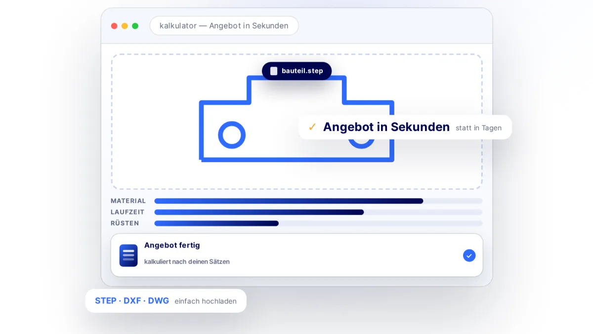 Fertigungskalkulator von SEO-Retter — STEP-, DXF- oder DWG-Dateien hochladen und in Sekunden ein fertiges Angebot erhalten.