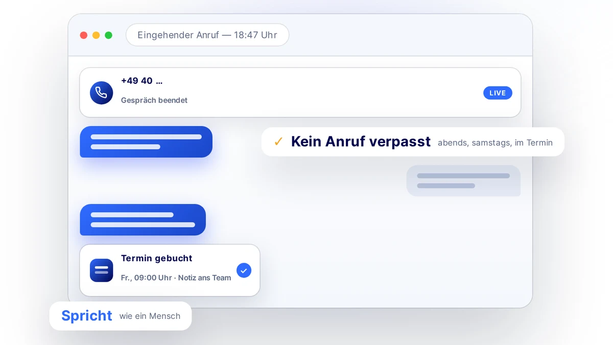 KI-Telefonassistent von SEO-Retter — Ein Telefonassistent mit eigener Rufnummer, der jeden Anruf annimmt, Fragen beantwortet und Termine direkt in deinen Kalender bucht.