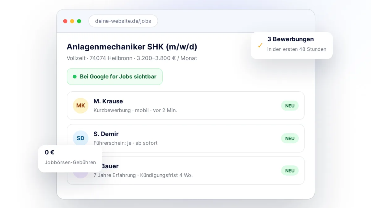 Personal-Tool von SEO-Retter — Stellenanzeigen mit KI erstellen, bei Google for Jobs sichtbar machen und Bewerbungen in 2 Minuten empfangen.