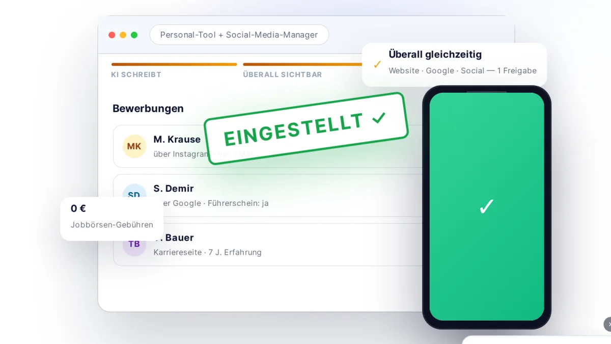 Social Recruiting von SEO-Retter — Die Kombi gegen den Fachkräftemangel: Stellenanzeige bei Google + als Beitrag auf deinen Social-Kanälen — Bewerbungen zentral im Portal.
